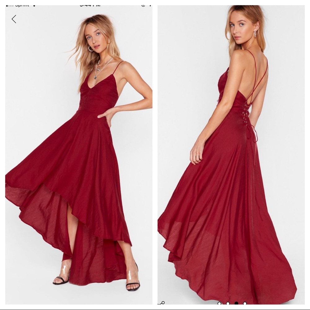 Burgundy high low open back dress